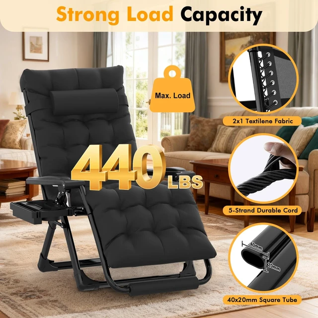 Alt view image 5 of 7 - Oversized Zero Gravity Chairs XL, 29in Padded Recliner Chair, Black | Reclining Lounge Chair, Folding Anti Gravity Chairs w/Aluminum Alloy Lock,Headrest,Cup Holder, Support 440lbs,for Lawn Patio