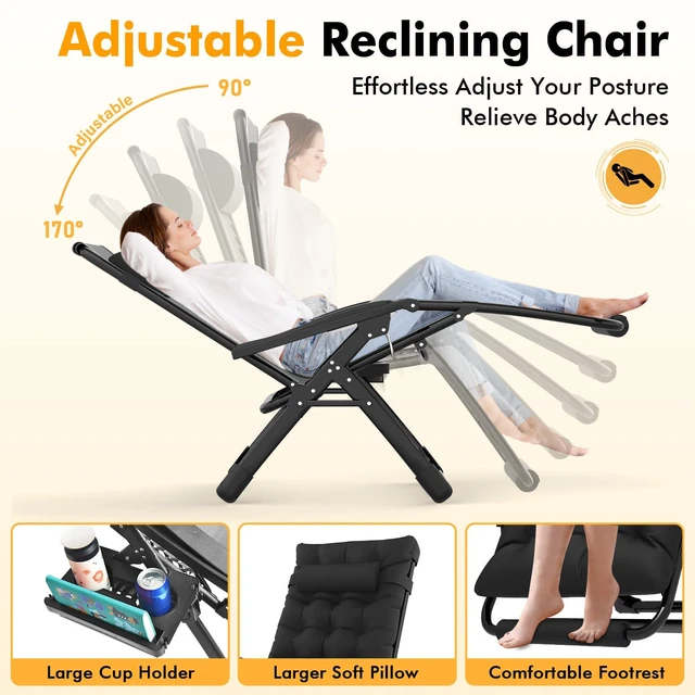 Alt view image 6 of 7 - Oversized Zero Gravity Chairs XL, 29in Padded Recliner Chair, Black | Reclining Lounge Chair, Folding Anti Gravity Chairs w/Aluminum Alloy Lock,Headrest,Cup Holder, Support 440lbs,for Lawn Patio