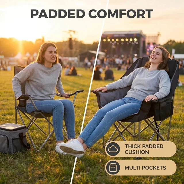 Alt view image 4 of 7 - Oversized Camping Chair Padded Heavy Duty Lawn chair Support 500 lbs,Grey | Padded Portable Camping Chairs Foldable Comfy Lawn chair Built-in Cooler Bag, Cup Holder for Family/Beach/Tailgating