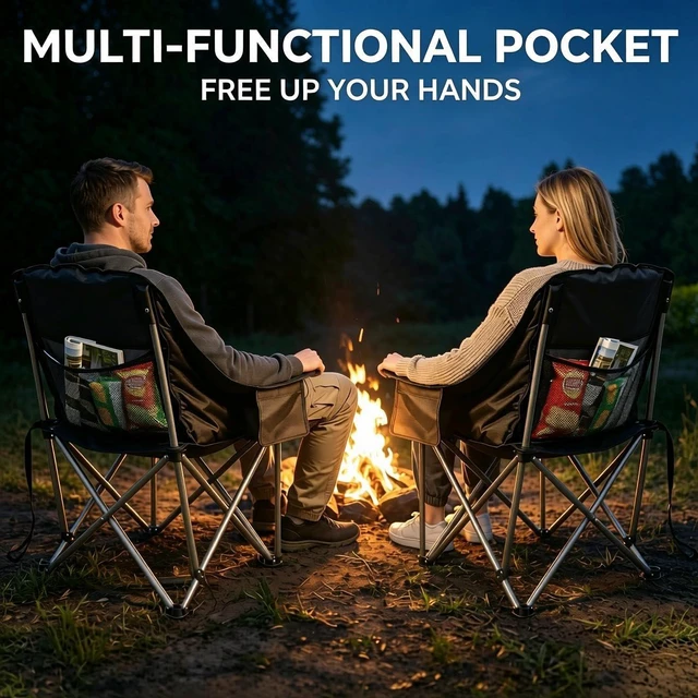 Alt view image 6 of 7 - Oversized Camping Chair Padded Heavy Duty Lawn chair Support 500 lbs,Grey | Padded Portable Camping Chairs Foldable Comfy Lawn chair Built-in Cooler Bag, Cup Holder for Family/Beach/Tailgating