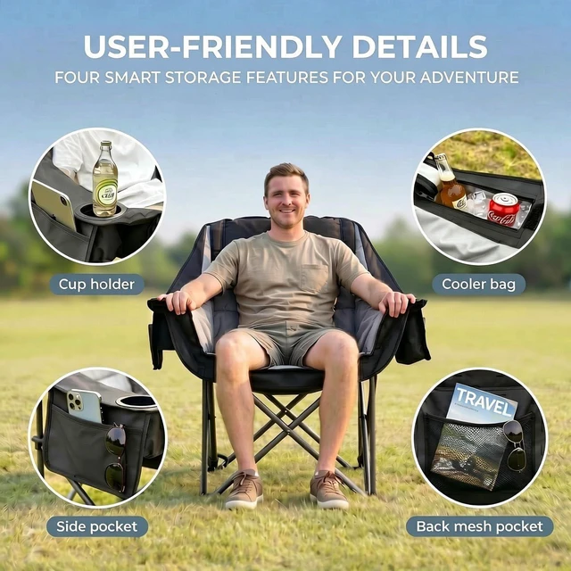 Alt view image 7 of 7 - Oversized Camping Chair Padded Heavy Duty Lawn chair Support 500 lbs,Grey | Padded Portable Camping Chairs Foldable Comfy Lawn chair Built-in Cooler Bag, Cup Holder for Family/Beach/Tailgating
