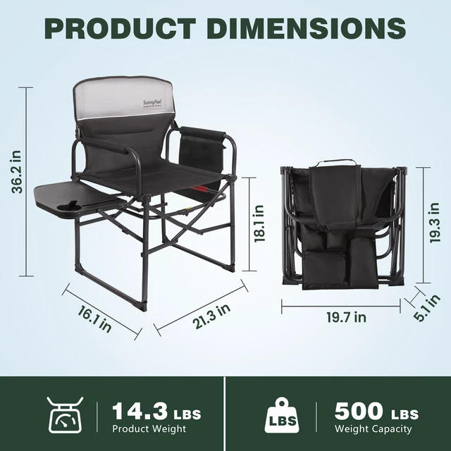 Alt view image 3 of 7 - Oversized Directors Camping Chair for Adults with Side Table Portable Folding Chair 500 LBS with Padded Back, Cup Holder, Side Pocket & Carry Bag for Camping, Fish, Lawn, Beach