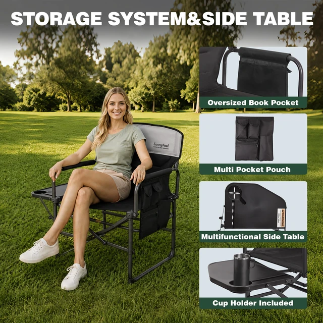 Alt view image 6 of 7 - Oversized Directors Camping Chair for Adults with Side Table Portable Folding Chair 500 LBS with Padded Back, Cup Holder, Side Pocket & Carry Bag for Camping, Fish, Lawn, Beach