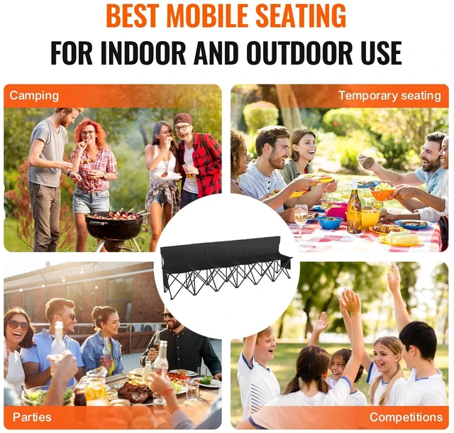 Alt view image 7 of 7 - Portable Folding Bench 6 Seats Sideline Camping with Backrest Black | for Team Sports and Outdoor Events, Includes Carry Bag, No-Assembly Setup, Instant Seating, and Supportive Rest for Players