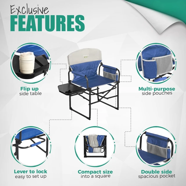 Alt view image 7 of 7 - Oversized Directors Camping Chair for Adults with Side Table | Padded Portable Folding Camp Chair Support 300LBS with Cup Holder, Side Pocket & Carry Bag, Blue for Camping, RV, Lawn, Fish