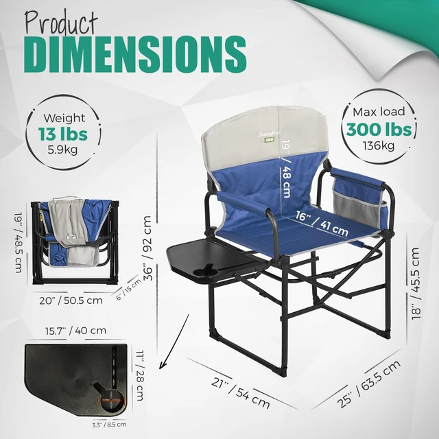 Alt view image 6 of 7 - Oversized Directors Camping Chair for Adults with Side Table | Padded Portable Folding Camp Chair Support 300LBS with Cup Holder, Side Pocket & Carry Bag, Blue for Camping, RV, Lawn, Fish