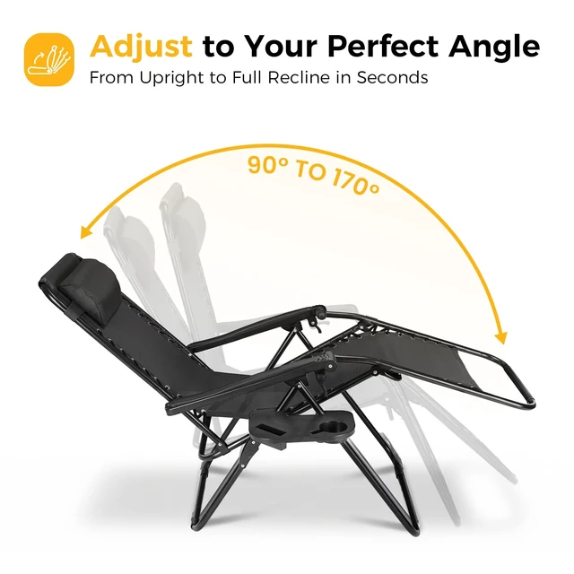 Alt view image 3 of 7 - Zero Gravity Chairs Set of 2, Folding Lounge Recliner Chair | Portable Lawn Camping Recliner with Adjustable Pollow, Mesh Back, Cup Holder Trays for Pool Beach Patio, Modern Black