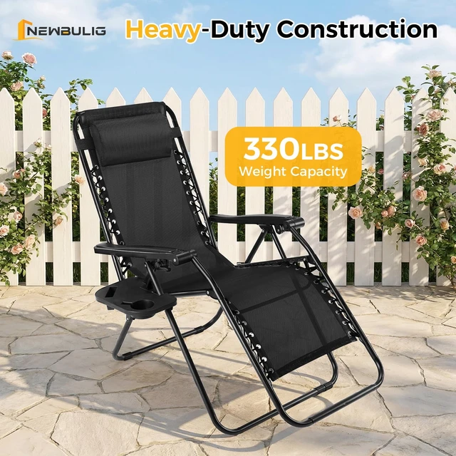 Alt view image 4 of 7 - Zero Gravity Chairs Set of 2, Folding Lounge Recliner Chair | Portable Lawn Camping Recliner with Adjustable Pollow, Mesh Back, Cup Holder Trays for Pool Beach Patio, Modern Black