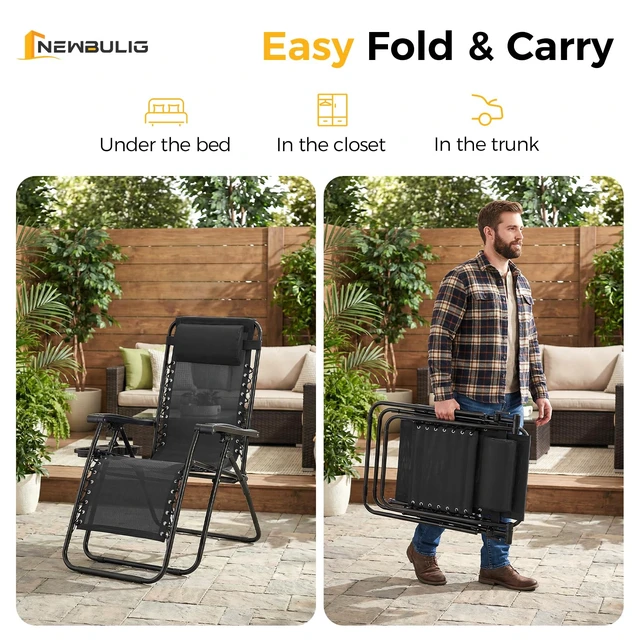 Alt view image 5 of 7 - Zero Gravity Chairs Set of 2, Folding Lounge Recliner Chair | Portable Lawn Camping Recliner with Adjustable Pollow, Mesh Back, Cup Holder Trays for Pool Beach Patio, Modern Black