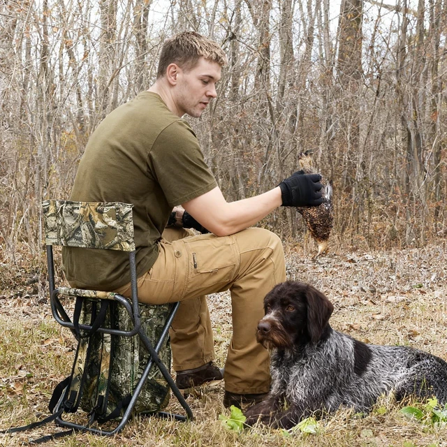 Alt view image 2 of 7 - Backpack Cooler Chair with Backrest, Portable Folding Stool | Camo, up to 350 lbs, Cup Holder, Zipper Pocket, Non-slip Foot, Compact for Camping Fishing Hunting Hiking Sports Outdoor