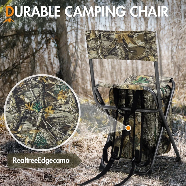 Alt view image 3 of 7 - Backpack Cooler Chair with Backrest, Portable Folding Stool | Camo, up to 350 lbs, Cup Holder, Zipper Pocket, Non-slip Foot, Compact for Camping Fishing Hunting Hiking Sports Outdoor