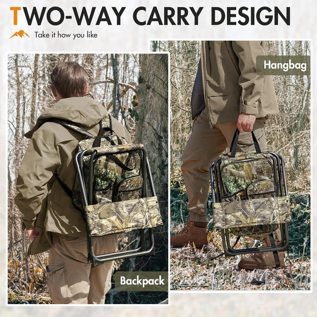 Alt view image 4 of 7 - Backpack Cooler Chair with Backrest, Portable Folding Stool | Camo, up to 350 lbs, Cup Holder, Zipper Pocket, Non-slip Foot, Compact for Camping Fishing Hunting Hiking Sports Outdoor