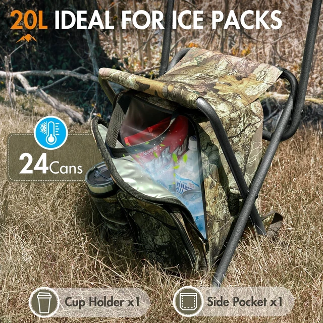 Alt view image 5 of 7 - Backpack Cooler Chair with Backrest, Portable Folding Stool | Camo, up to 350 lbs, Cup Holder, Zipper Pocket, Non-slip Foot, Compact for Camping Fishing Hunting Hiking Sports Outdoor