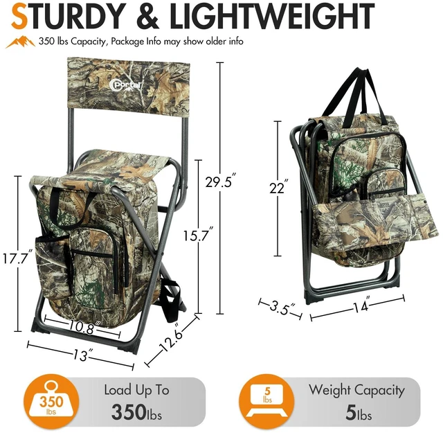 Alt view image 6 of 7 - Backpack Cooler Chair with Backrest, Portable Folding Stool | Camo, up to 350 lbs, Cup Holder, Zipper Pocket, Non-slip Foot, Compact for Camping Fishing Hunting Hiking Sports Outdoor