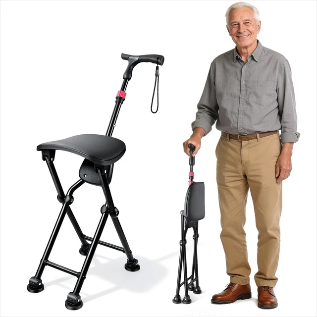 Main image of Four-Legged Cane with Seat, Unisex Cane with Seat Folding Lightweight, Adjustable Anti-Slip Cane Chair, Walking Cane with Seat Suitable for Men, Women, Adults and Seniors (Seat Height 21.65 in)