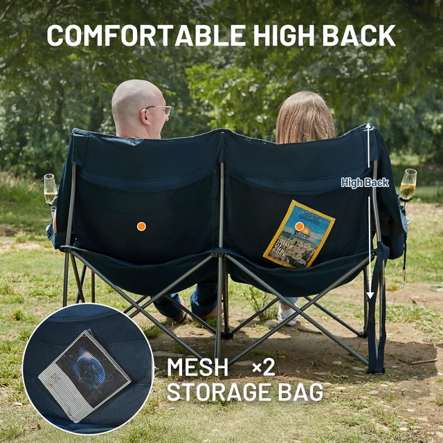 Alt view image 4 of 7 - Oversized Double Camping Chair, Extra Wide Folding Camp Couch | Loveseat Folding Chairs with Cup & Wine Glass Holders, Dual Camping Chair with Pocket & Carry Bag for Campsites, Patio, Lawn