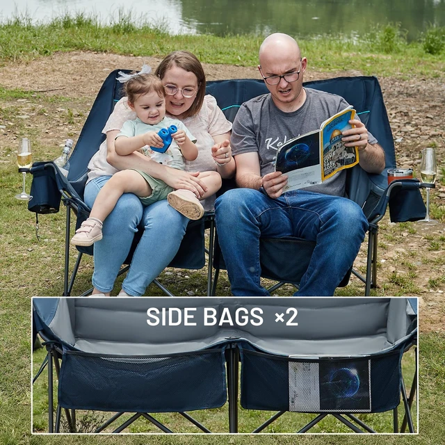 Alt view image 7 of 7 - Oversized Double Camping Chair, Extra Wide Folding Camp Couch | Loveseat Folding Chairs with Cup & Wine Glass Holders, Dual Camping Chair with Pocket & Carry Bag for Campsites, Patio, Lawn