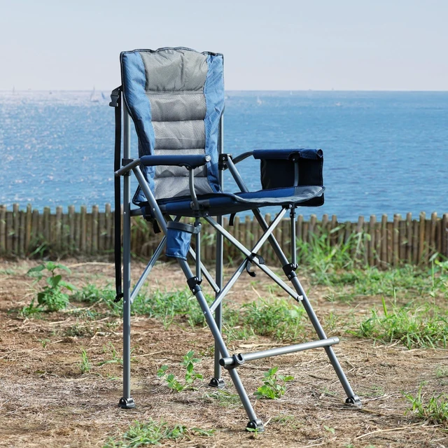 Alt view image 2 of 7 - Extra Tall Folding Chairs for Adults 330lbs, Portable Bar Height Foldable Director Chairs for Camping Outside, Comfortable with High Back and Footrest, Blue