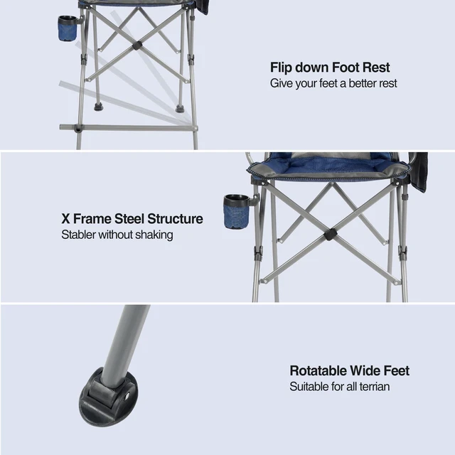 Alt view image 5 of 7 - Extra Tall Folding Chairs for Adults 330lbs, Portable Bar Height Foldable Director Chairs for Camping Outside, Comfortable with High Back and Footrest, Blue