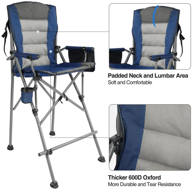 Alt view image 4 of 7 - Extra Tall Folding Chairs for Adults 330lbs, Portable Bar Height Foldable Director Chairs for Camping Outside, Comfortable with High Back and Footrest, Blue