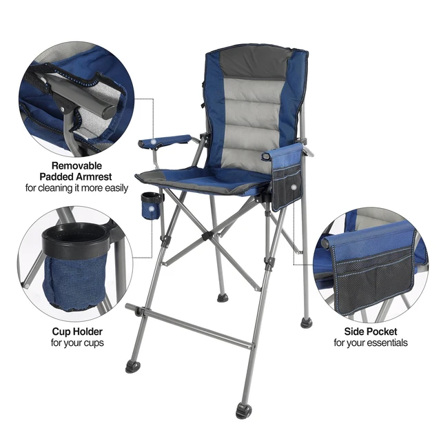 Alt view image 6 of 7 - Extra Tall Folding Chairs for Adults 330lbs, Portable Bar Height Foldable Director Chairs for Camping Outside, Comfortable with High Back and Footrest, Blue