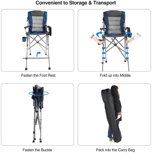 Alt view image 7 of 7 - Extra Tall Folding Chairs for Adults 330lbs, Portable Bar Height Foldable Director Chairs for Camping Outside, Comfortable with High Back and Footrest, Blue