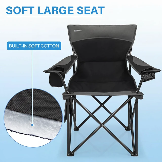 Alt view image 3 of 6 - Oversized Camping Chair for Adults - 2 Pack Padded Lawn Chairs with Cup Holder & Side Pocket,Heavy Duty Folding Outdoor Chairs for Camp,Sports,Picnic,Beach,Black