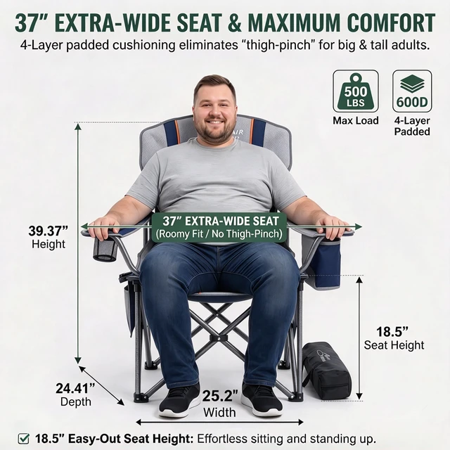 Alt view image 3 of 7 - Padded Oversized Heavy Duty Camping Chair for Adult 500LBS | Extra-Wide Seat, Adjustable Lumbar Support, No-Droop Locking Arm, Cooler Bag,Cup Holder,Side Pocket Wide Bag for Outdoor Lawn