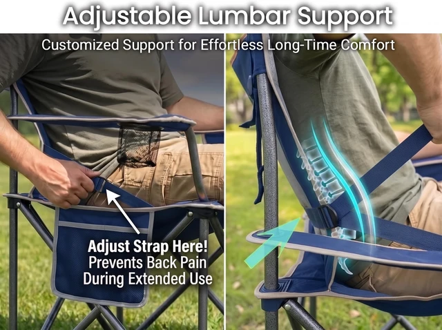 Alt view image 4 of 7 - Padded Oversized Heavy Duty Camping Chair for Adult 500LBS | Extra-Wide Seat, Adjustable Lumbar Support, No-Droop Locking Arm, Cooler Bag,Cup Holder,Side Pocket Wide Bag for Outdoor Lawn