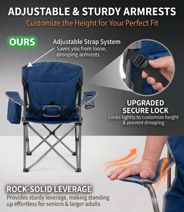 Alt view image 6 of 7 - Padded Oversized Heavy Duty Camping Chair for Adult 500LBS | Extra-Wide Seat, Adjustable Lumbar Support, No-Droop Locking Arm, Cooler Bag,Cup Holder,Side Pocket Wide Bag for Outdoor Lawn