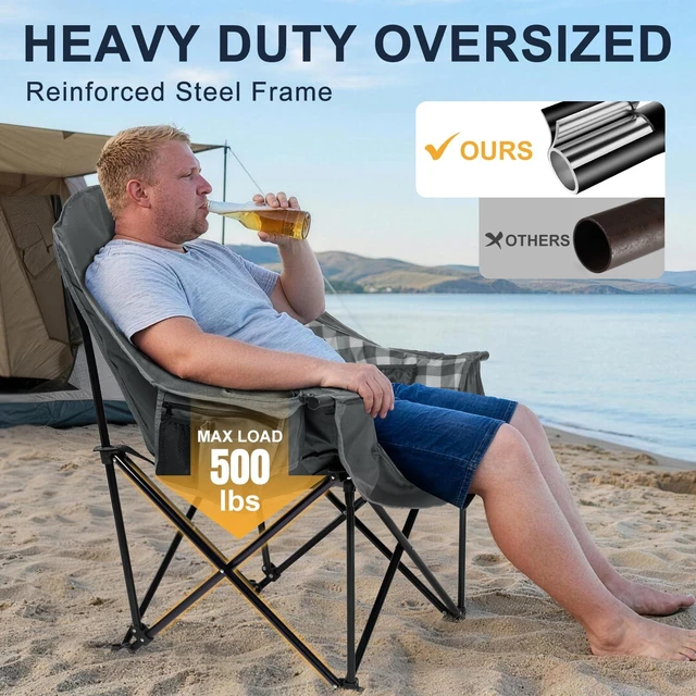 Alt view image 2 of 7 - Oversized Camping Chair for Adults, 500 LBS Heavy Duty Folding Chair, Plaid | Big & Tall Adults, Padded Camping Chair XL, 600D Oxford Fabric, Cup Holder, Side Pocket, Lawn Chair, Beach, Fishing