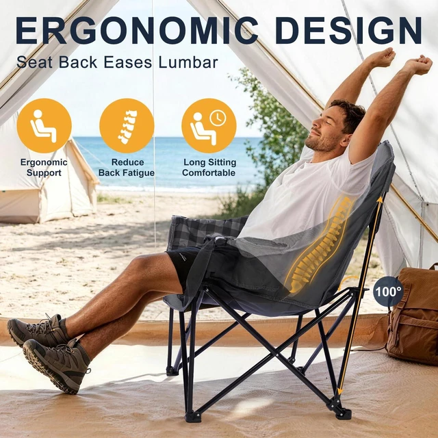 Alt view image 3 of 7 - Oversized Camping Chair for Adults, 500 LBS Heavy Duty Folding Chair, Plaid | Big & Tall Adults, Padded Camping Chair XL, 600D Oxford Fabric, Cup Holder, Side Pocket, Lawn Chair, Beach, Fishing