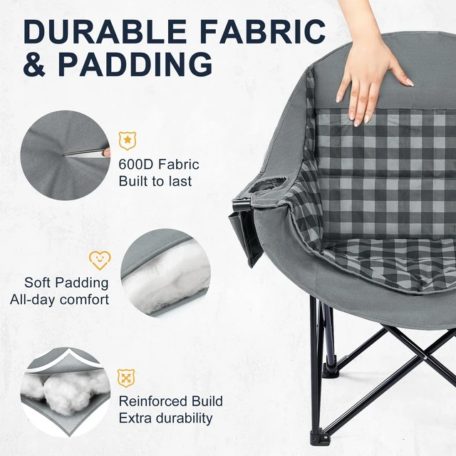 Alt view image 4 of 7 - Oversized Camping Chair for Adults, 500 LBS Heavy Duty Folding Chair, Plaid | Big & Tall Adults, Padded Camping Chair XL, 600D Oxford Fabric, Cup Holder, Side Pocket, Lawn Chair, Beach, Fishing