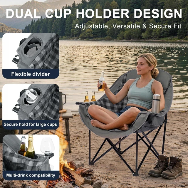 Alt view image 5 of 7 - Oversized Camping Chair for Adults, 500 LBS Heavy Duty Folding Chair, Plaid | Big & Tall Adults, Padded Camping Chair XL, 600D Oxford Fabric, Cup Holder, Side Pocket, Lawn Chair, Beach, Fishing