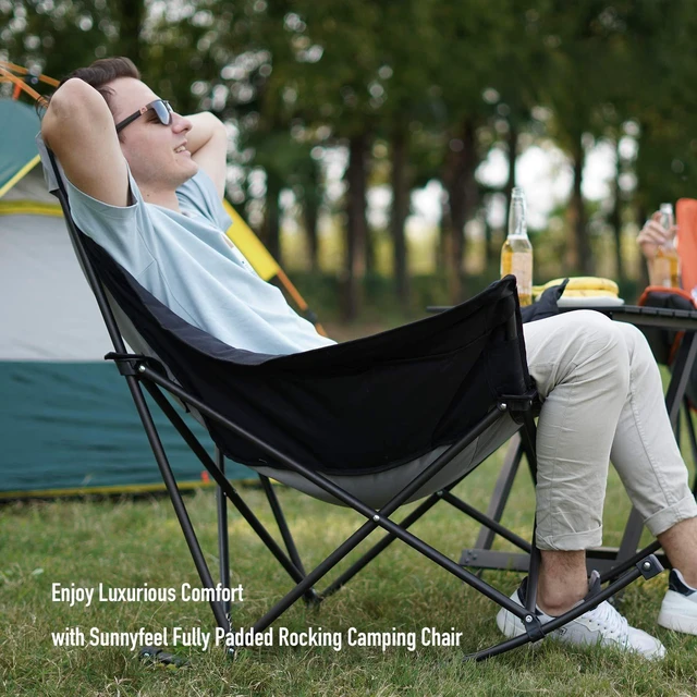 Alt view image 4 of 7 - Oversized Folding Rocking Camping Chair for Adults, 500lbs Grey | Heavy Duty Outdoor Rocker Camping Chairs, High Back Padded Lawn Recliner with Side Pocket & Carry Bag