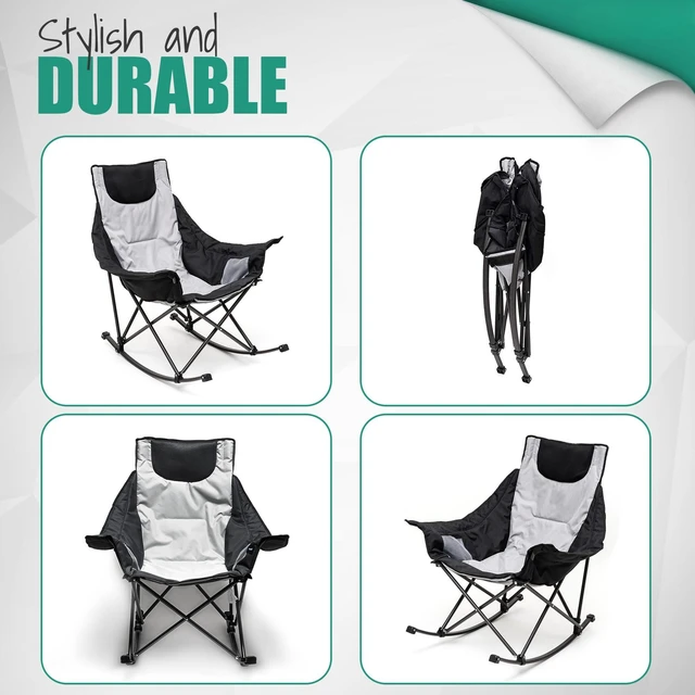 Alt view image 7 of 7 - Oversized Folding Rocking Camping Chair for Adults, 500lbs Grey | Heavy Duty Outdoor Rocker Camping Chairs, High Back Padded Lawn Recliner with Side Pocket & Carry Bag