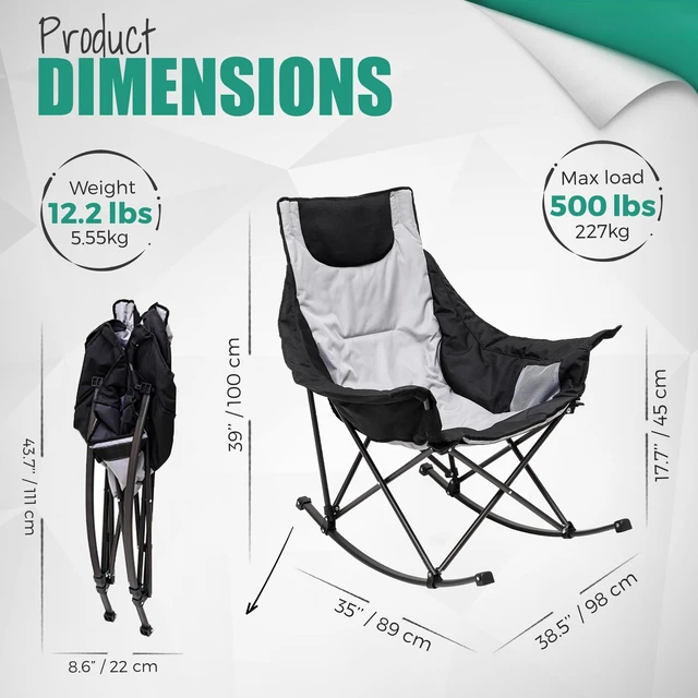 Alt view image 5 of 7 - Oversized Folding Rocking Camping Chair for Adults, 500lbs Grey | Heavy Duty Outdoor Rocker Camping Chairs, High Back Padded Lawn Recliner with Side Pocket & Carry Bag