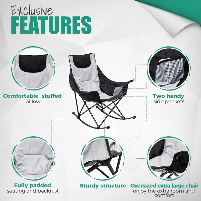 Alt view image 6 of 7 - Oversized Folding Rocking Camping Chair for Adults, 500lbs Grey | Heavy Duty Outdoor Rocker Camping Chairs, High Back Padded Lawn Recliner with Side Pocket & Carry Bag