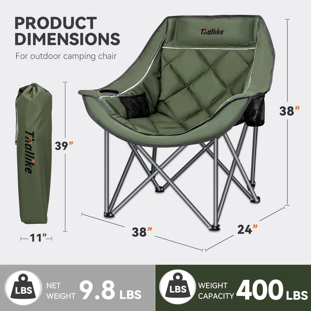 Alt view image 2 of 7 - Oversized Camping Chair for Adults Heavy Duty Folding Chair with Cup Holders, Storage Pocket & Carry Bag Outdoor Padded Camp Chair for Backyard, Fishing & Sports Supports 400lbs (Army Green)