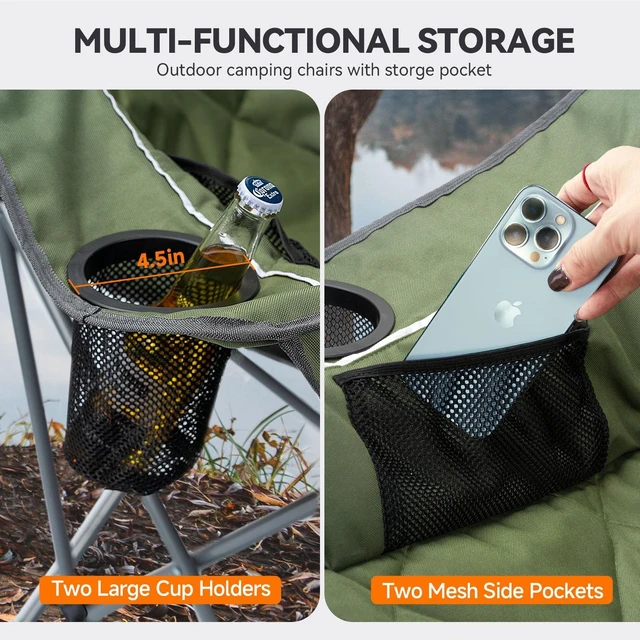 Alt view image 6 of 7 - Oversized Camping Chair for Adults Heavy Duty Folding Chair with Cup Holders, Storage Pocket & Carry Bag Outdoor Padded Camp Chair for Backyard, Fishing & Sports Supports 400lbs (Army Green)