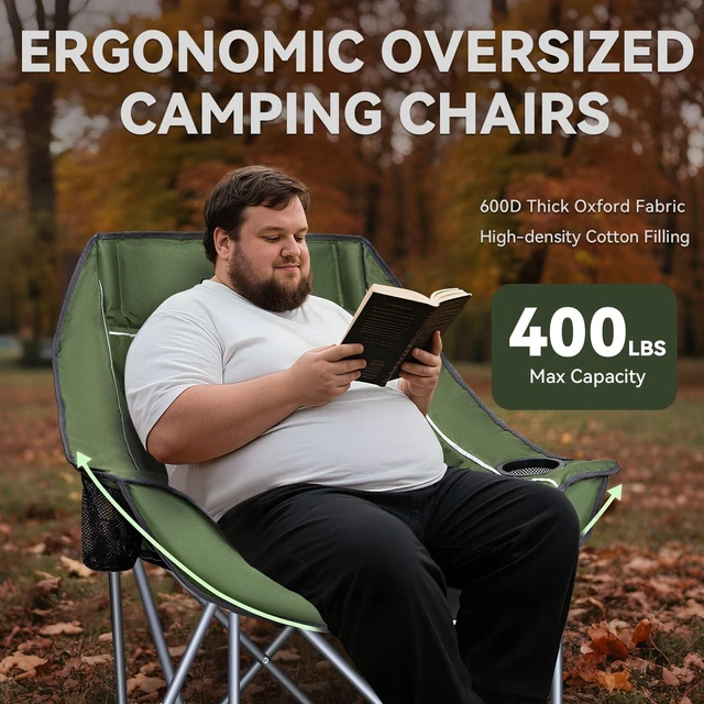 Alt view image 5 of 7 - Oversized Camping Chair for Adults Heavy Duty Folding Chair with Cup Holders, Storage Pocket & Carry Bag Outdoor Padded Camp Chair for Backyard, Fishing & Sports Supports 400lbs (Army Green)