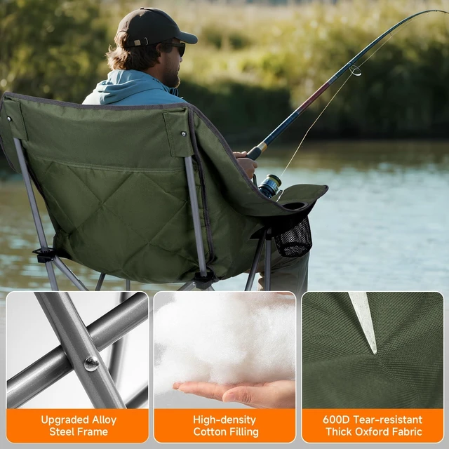 Alt view image 7 of 7 - Oversized Camping Chair for Adults Heavy Duty Folding Chair with Cup Holders, Storage Pocket & Carry Bag Outdoor Padded Camp Chair for Backyard, Fishing & Sports Supports 400lbs (Army Green)