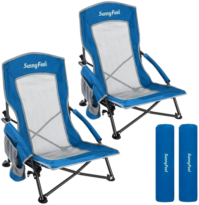 Main image of Folding Low Beach Chair 2 Pack - Lightweight Portable Lawn Chair with Mesh Back & Cup Holder, Sand Chair Load up to 300lbs for Outdoor/Travel/Picnic/Concert