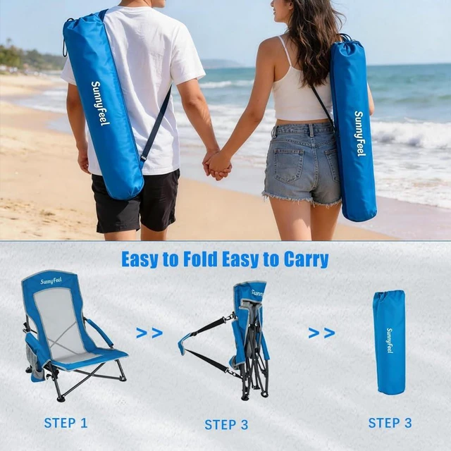 Alt view image 4 of 7 - Folding Low Beach Chair 2 Pack - Lightweight Portable Lawn Chair with Mesh Back & Cup Holder, Sand Chair Load up to 300lbs for Outdoor/Travel/Picnic/Concert