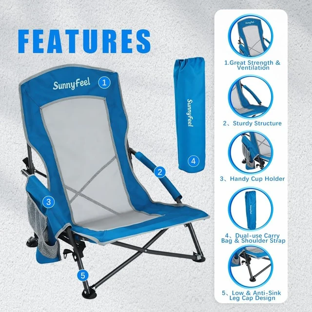Alt view image 3 of 7 - Folding Low Beach Chair 2 Pack - Lightweight Portable Lawn Chair with Mesh Back & Cup Holder, Sand Chair Load up to 300lbs for Outdoor/Travel/Picnic/Concert