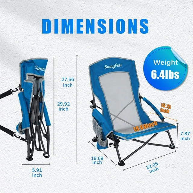 Alt view image 2 of 7 - Folding Low Beach Chair 2 Pack - Lightweight Portable Lawn Chair with Mesh Back & Cup Holder, Sand Chair Load up to 300lbs for Outdoor/Travel/Picnic/Concert
