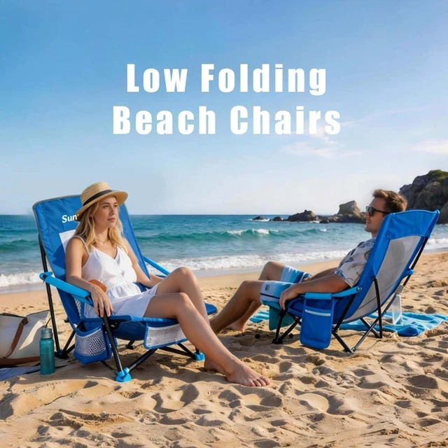 Alt view image 5 of 7 - Folding Low Beach Chair 2 Pack - Lightweight Portable Lawn Chair with Mesh Back & Cup Holder, Sand Chair Load up to 300lbs for Outdoor/Travel/Picnic/Concert