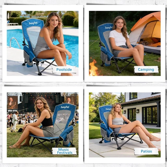 Alt view image 6 of 7 - Folding Low Beach Chair 2 Pack - Lightweight Portable Lawn Chair with Mesh Back & Cup Holder, Sand Chair Load up to 300lbs for Outdoor/Travel/Picnic/Concert