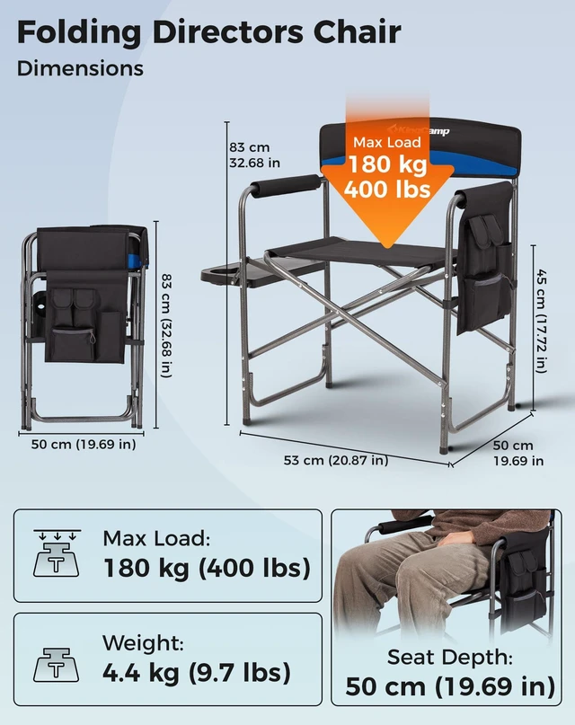Alt view image 2 of 7 - Directors Chair, Heavy Duty 400lbs Camping Chair for Adults, Blue | Folding Chair with Side Table & Pocket, Cup Holder, Padded Seat & Armrests, for Outdoor Fishing Patio Sport