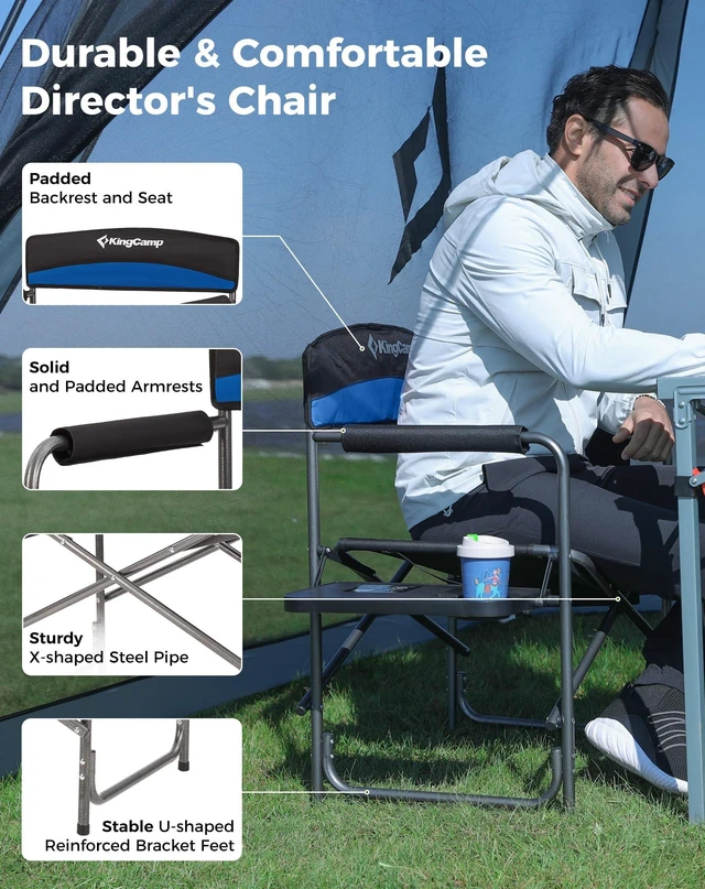 Alt view image 4 of 7 - Directors Chair, Heavy Duty 400lbs Camping Chair for Adults, Blue | Folding Chair with Side Table & Pocket, Cup Holder, Padded Seat & Armrests, for Outdoor Fishing Patio Sport